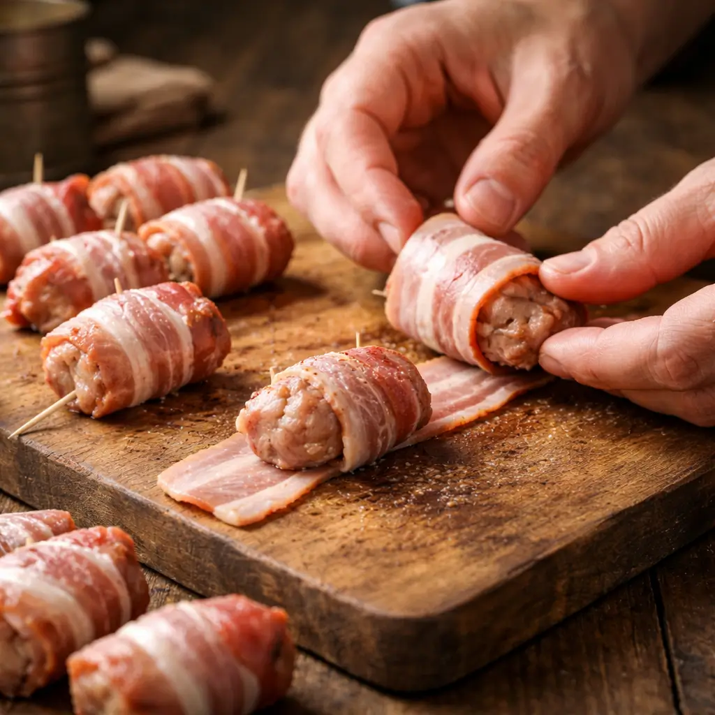 Wrapping alligator meat with bacon for WW2 wrapped gator bites recipe