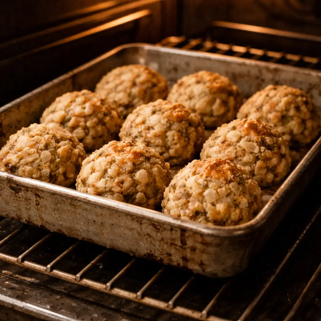 Baking bread stuffing balls using a traditional 1940s method