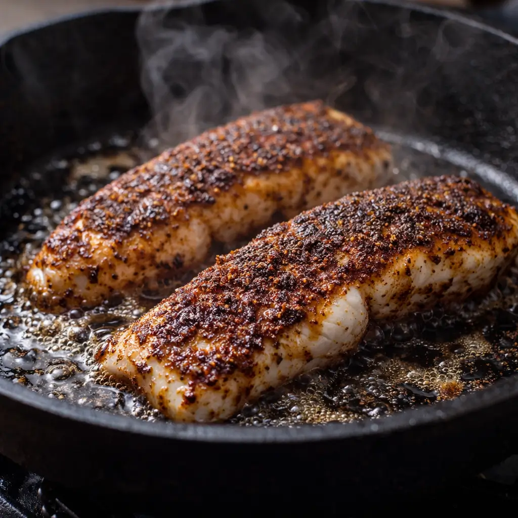 Blackened fish cooking in cast iron skillet for fish tacos