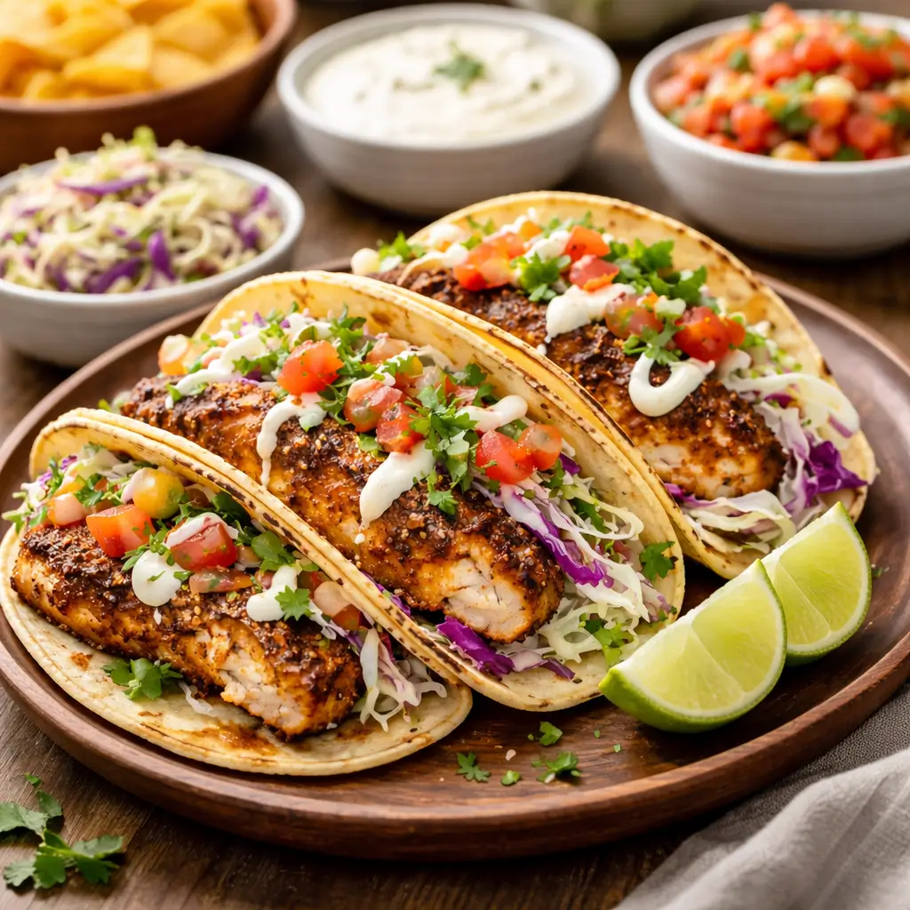Served blackened fish tacos with sides and lime wedges