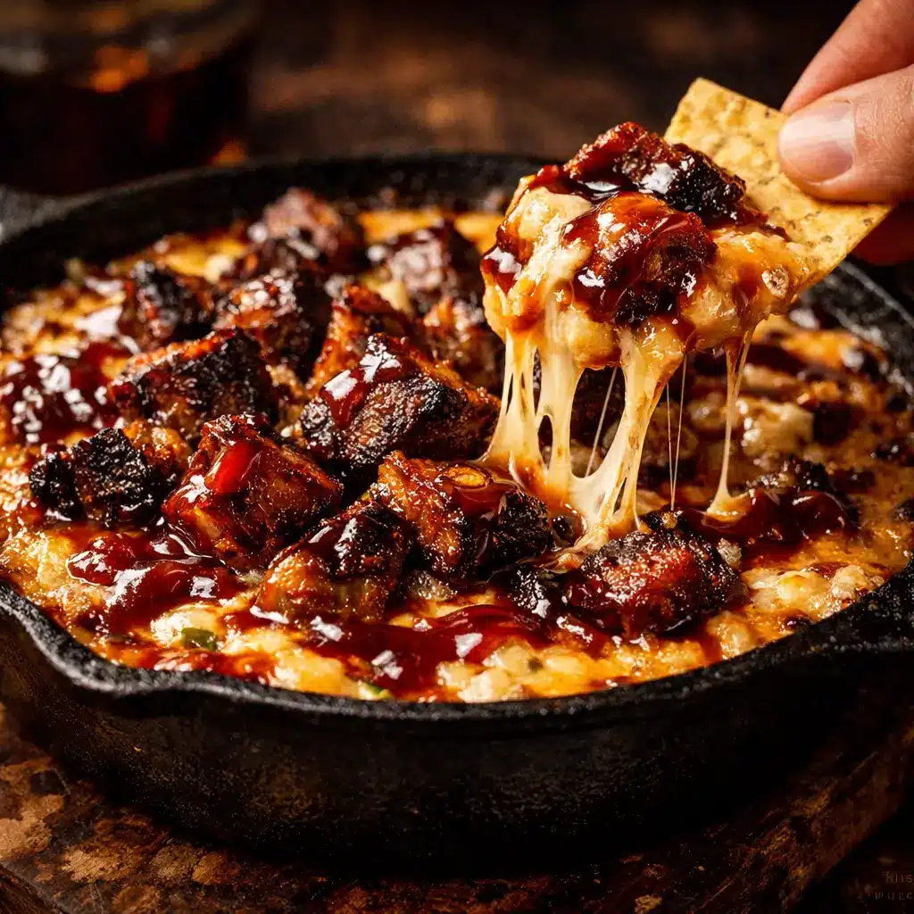 Smoky burnt ends dip with melted cheese and brisket in a cast-iron skillet