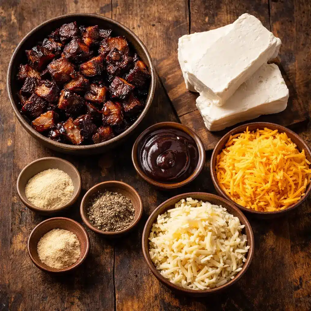 Ingredients for making burnt ends dip including brisket, cheese, and BBQ sauce