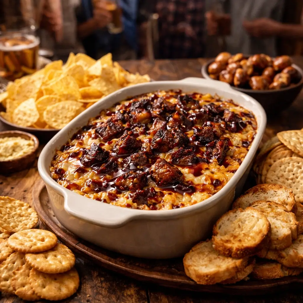 Burnt ends dip served with chips and crackers at a party