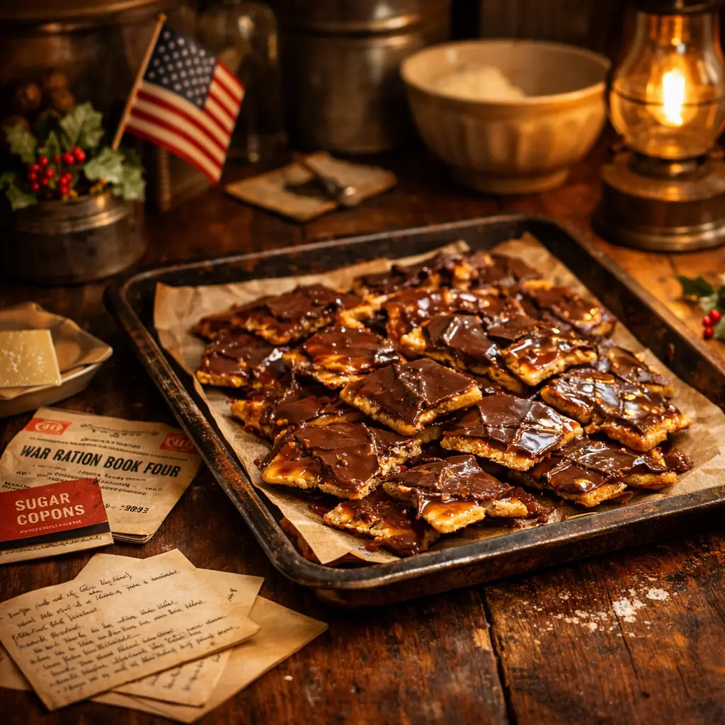 Christmas crack recipe WW2 made with crackers and caramel in a vintage wartime American kitchen