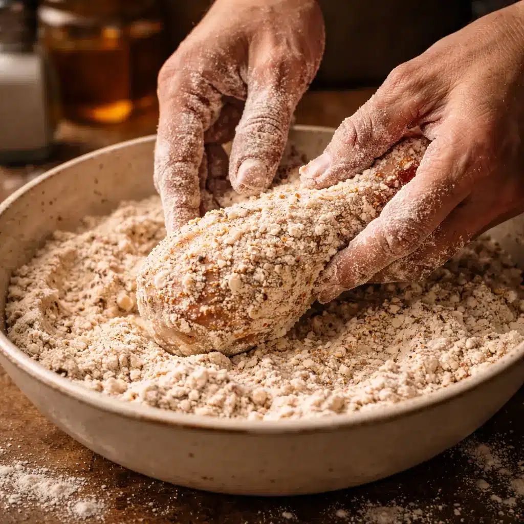 Coating chicken in seasoned flour for KFC original fried chicken
