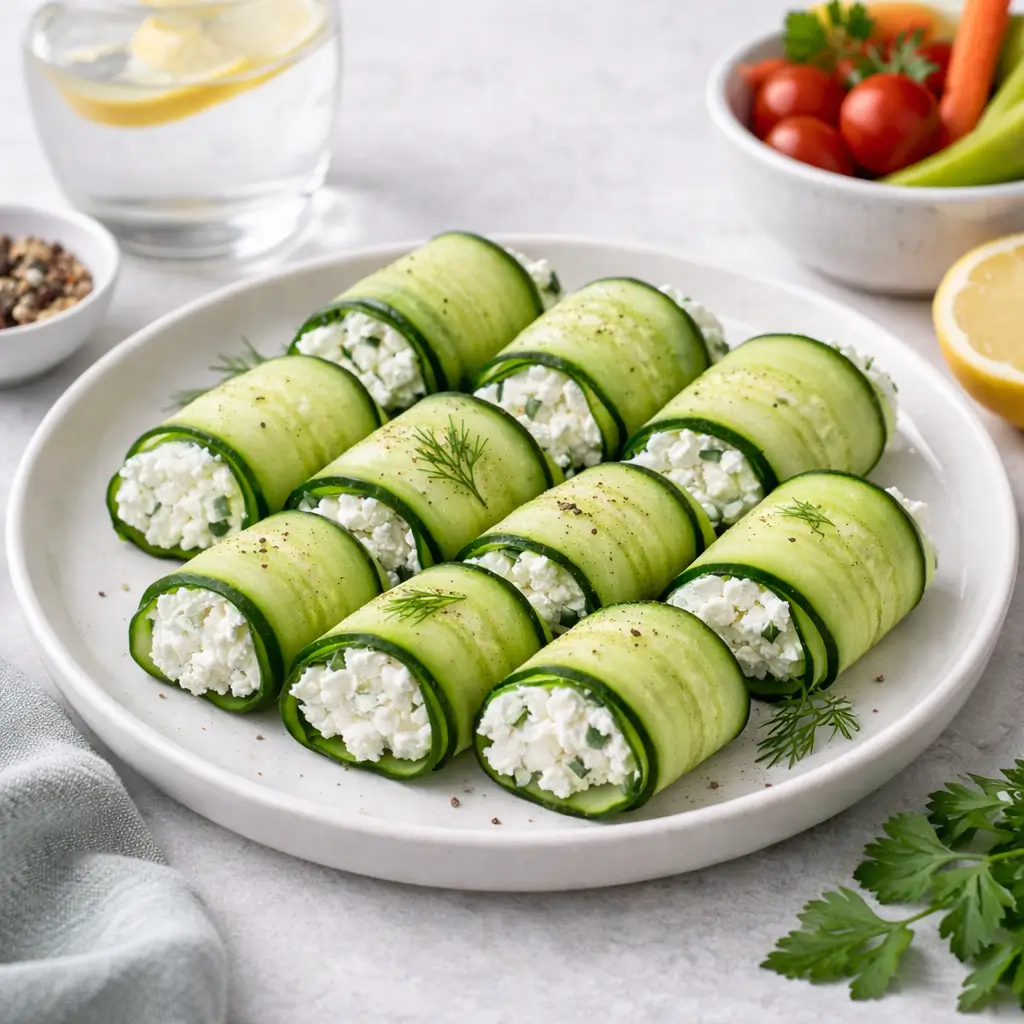 Cucumber cottage cheese wraps served as a healthy lunch