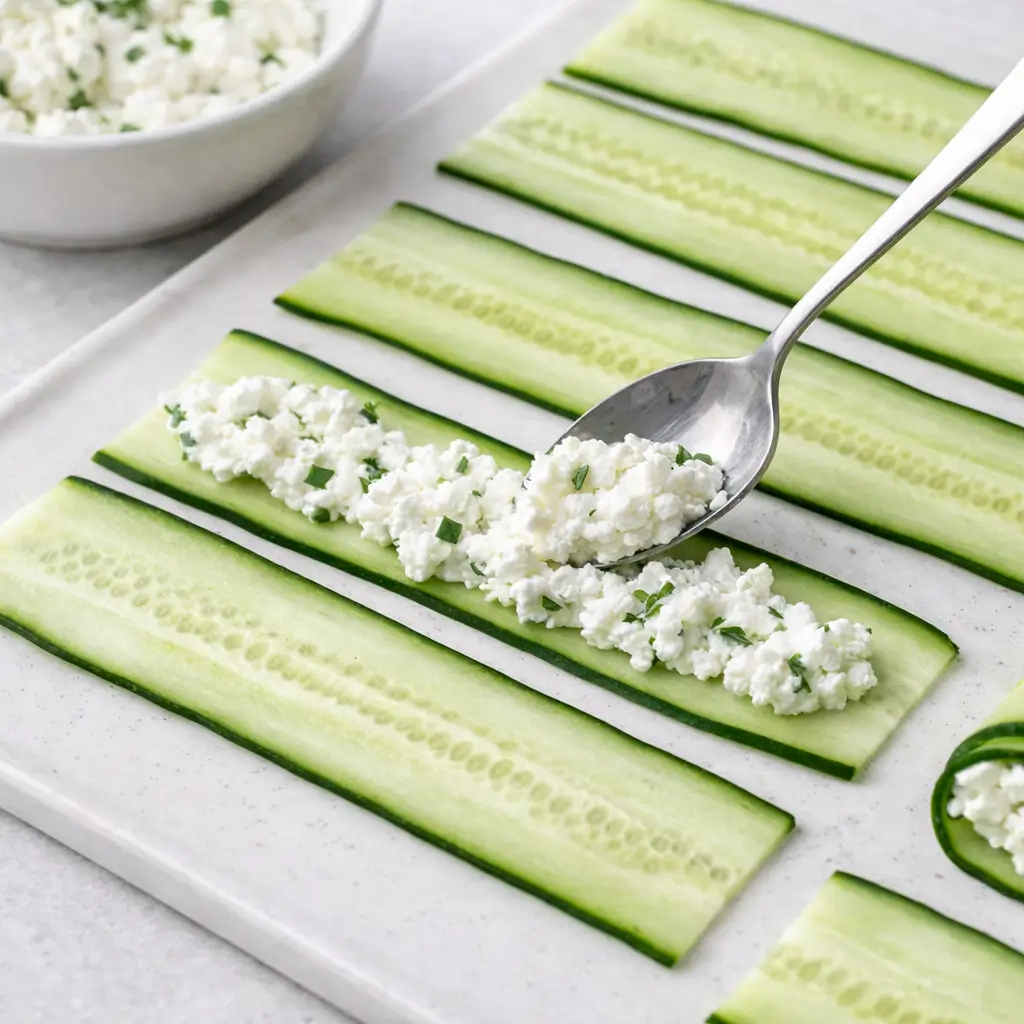 Preparing cucumber cottage cheese wraps step by step