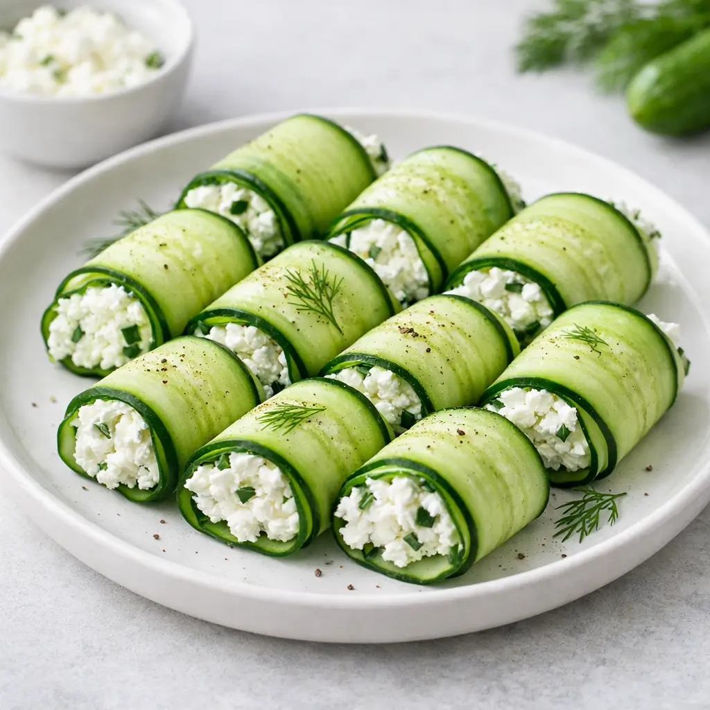 Cucumber cottage cheese wraps made with fresh cucumber slices and creamy cottage cheese