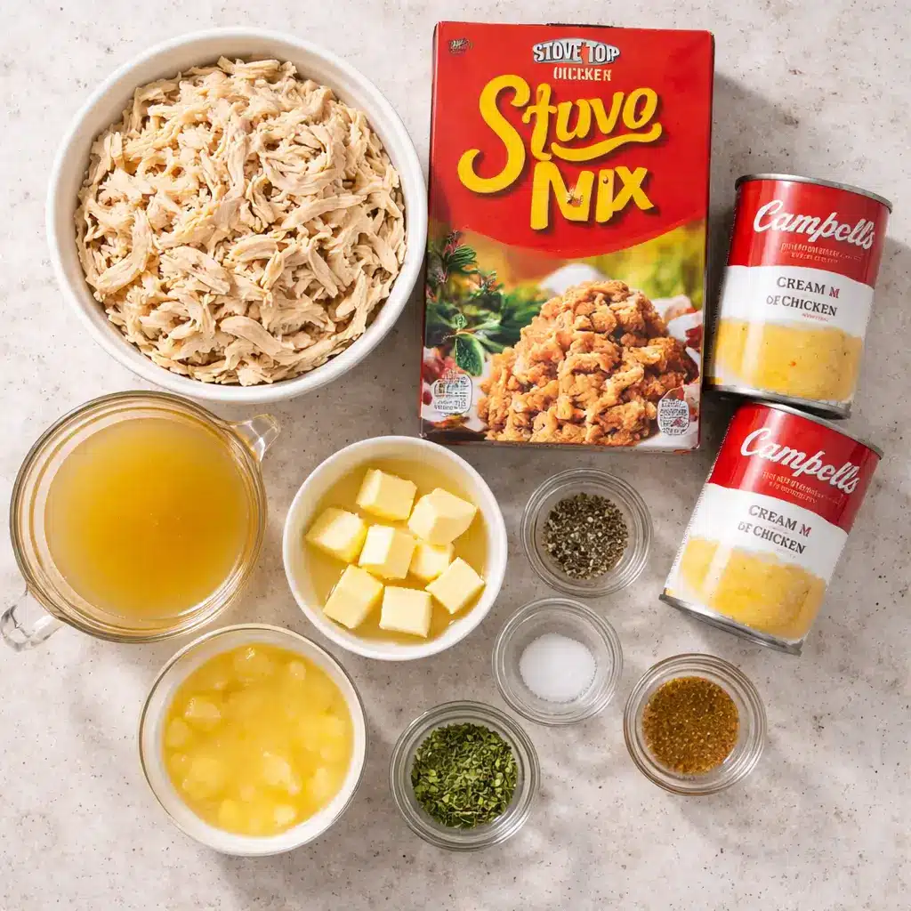 Ingredients needed for dolly's chicken and stuffing casserole