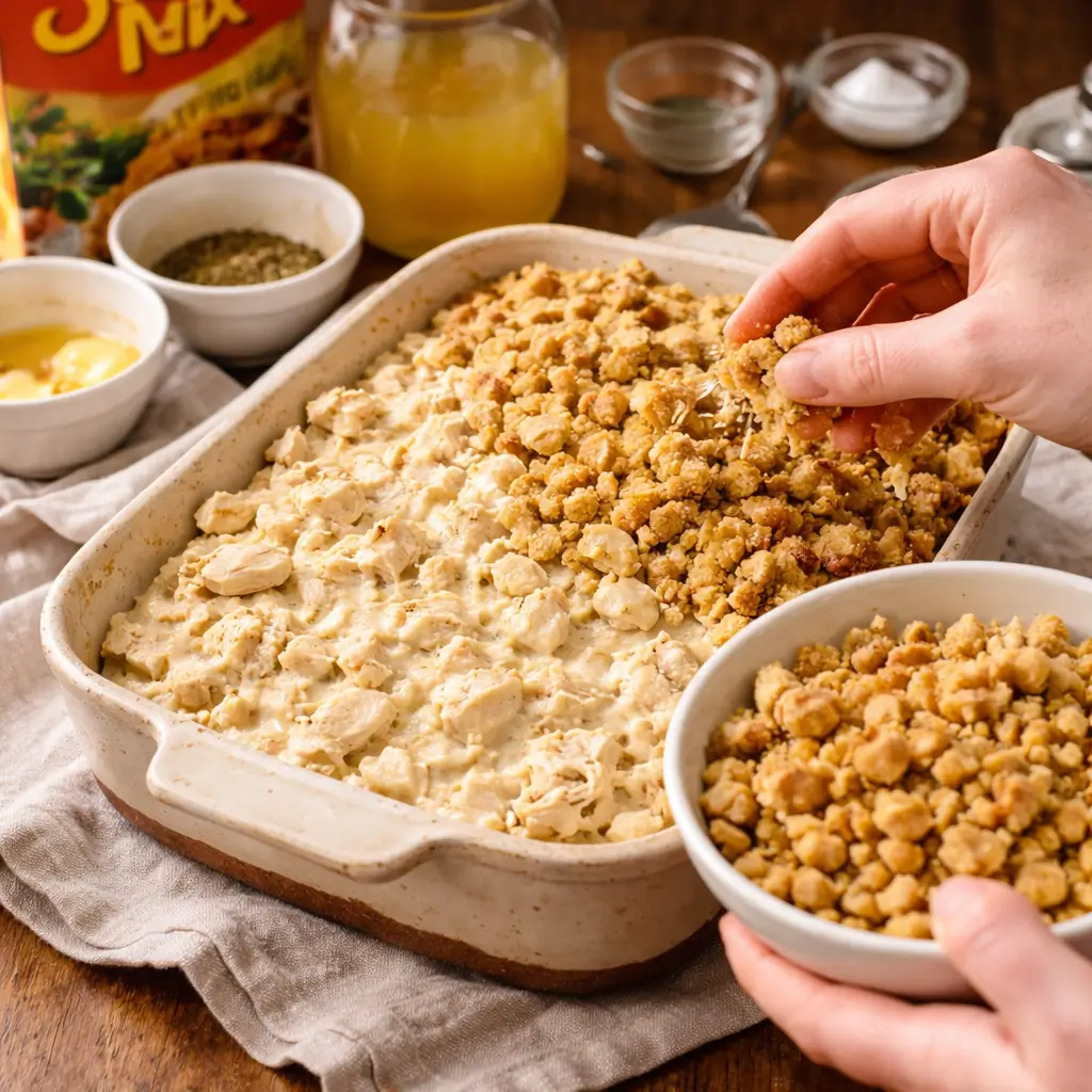 Preparing Dolly’s chicken and stuffing casserole before baking
