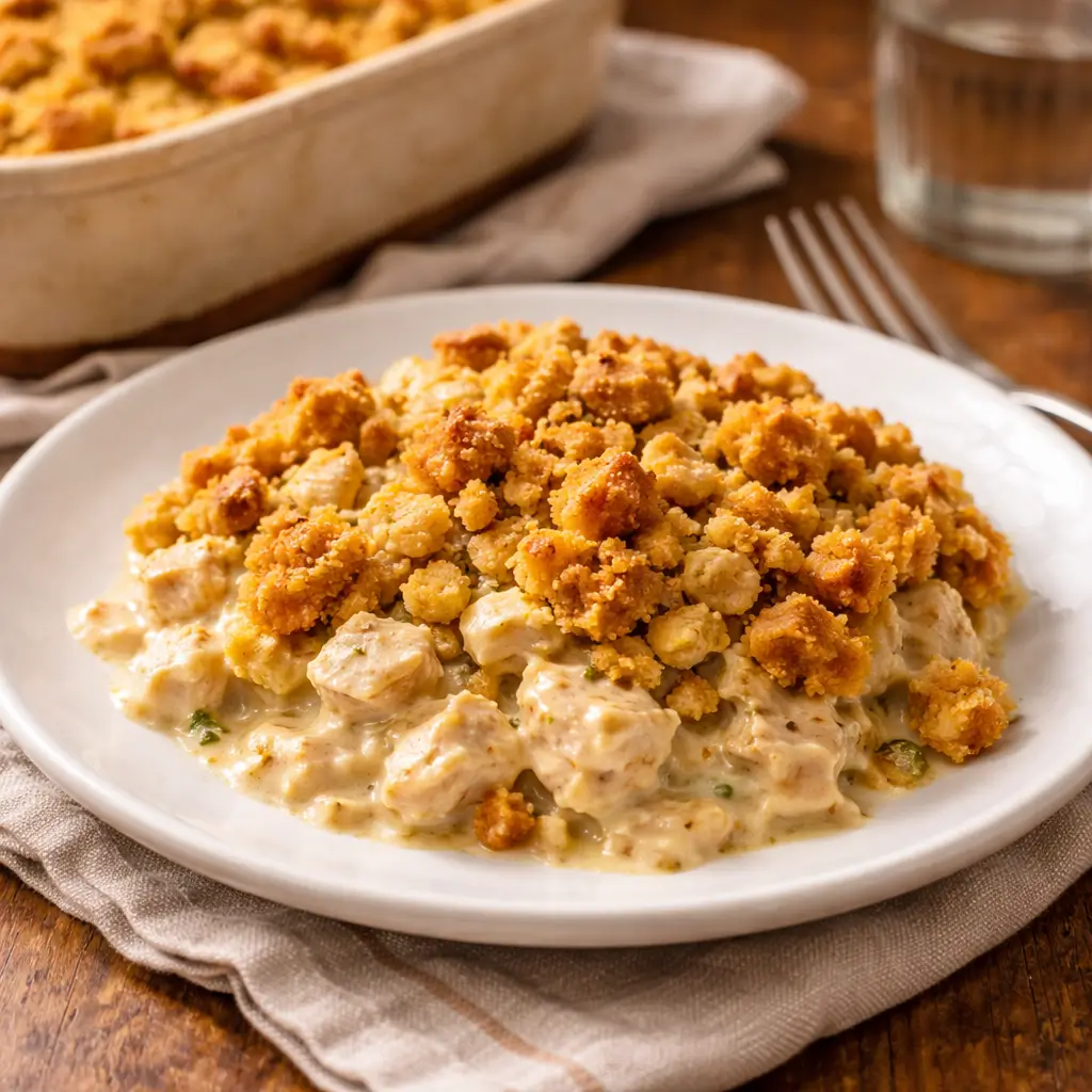 Served portion of Dolly’s chicken and stuffing casserole on a plate