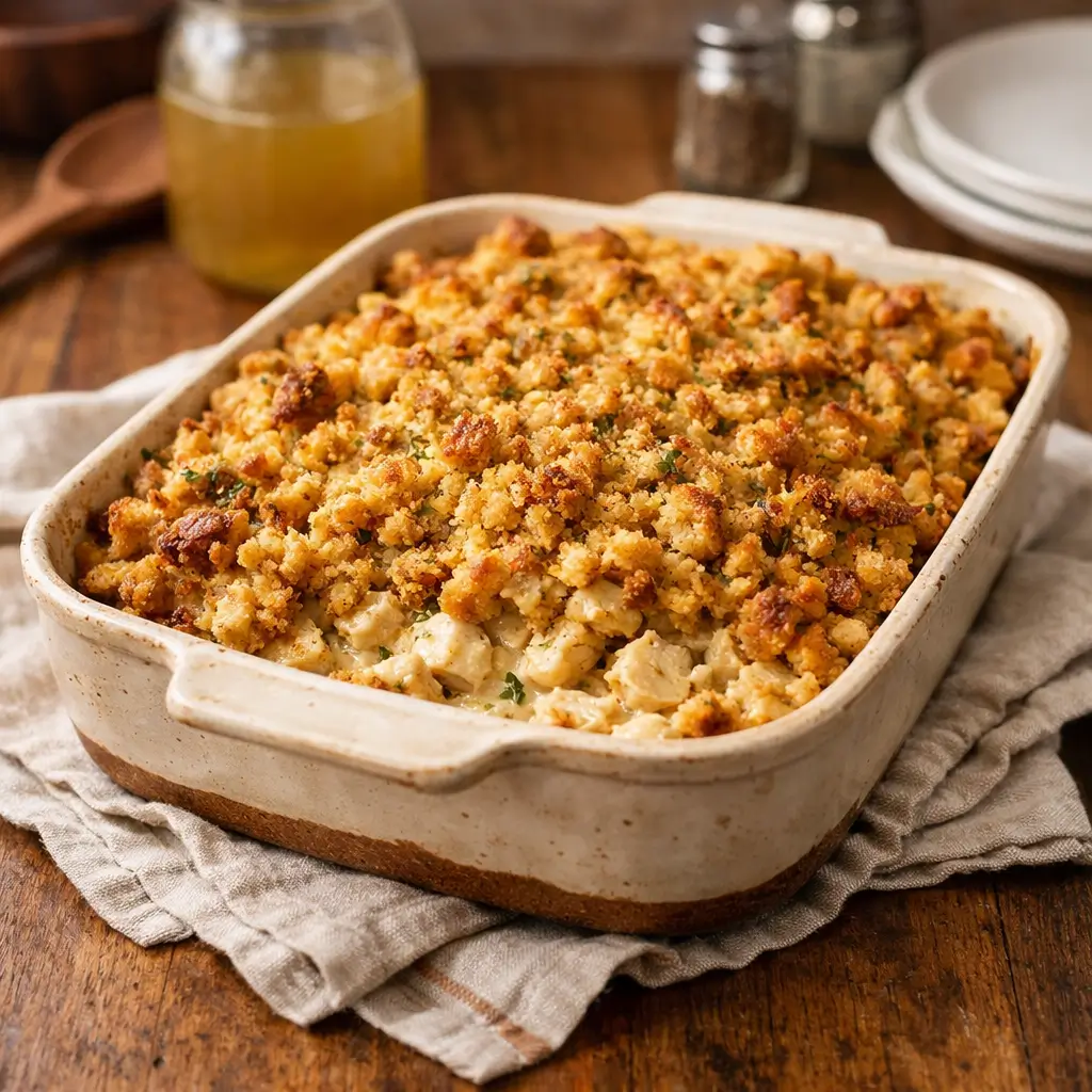 Dolly’s chicken and stuffing casserole baked until golden and comforting