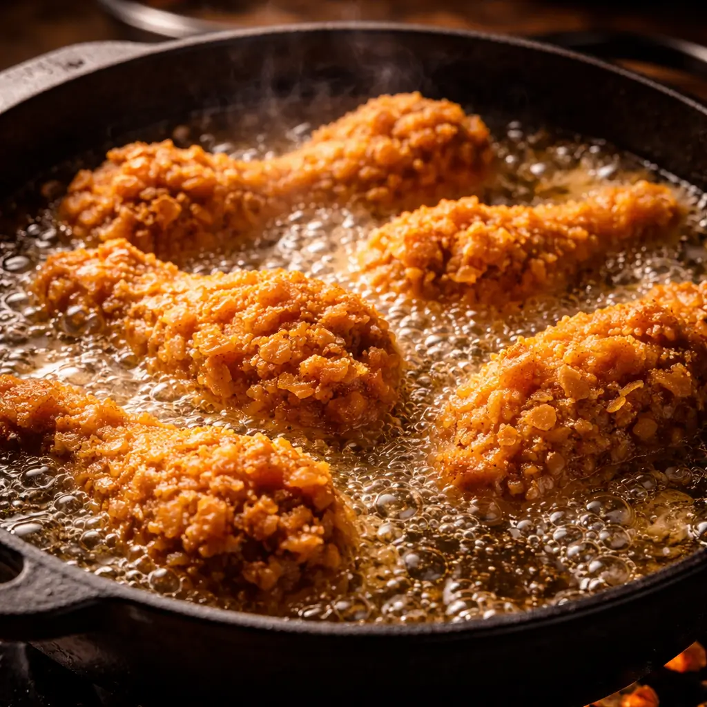 Frying KFC-style original fried chicken at proper temperature