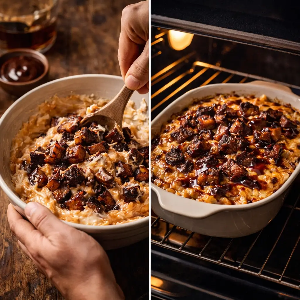 Mixing and baking burnt ends dip in an oven-safe dish
