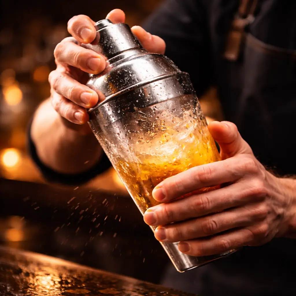 Shaking a water moccasin shot drink recipe in a cocktail shaker