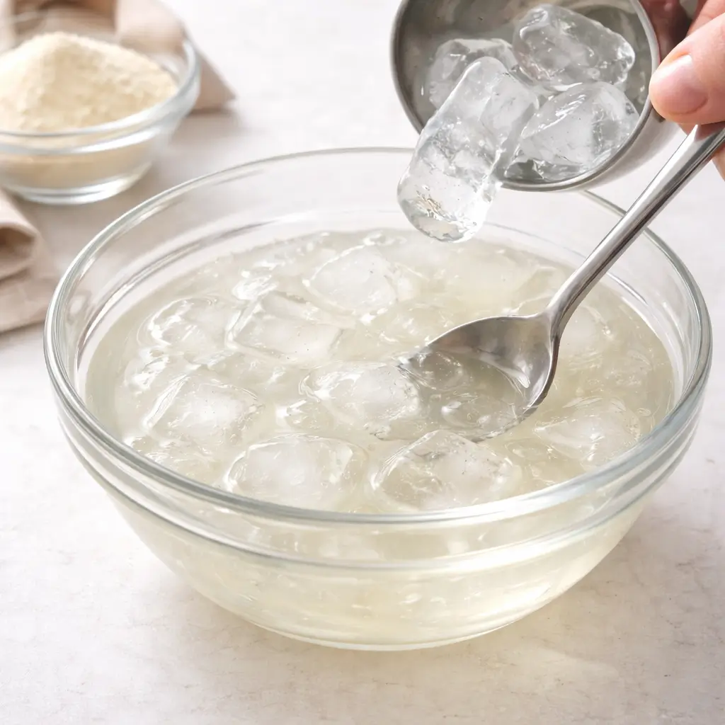 Adding ice to gelatin during the ice and gelatin trick recipe process