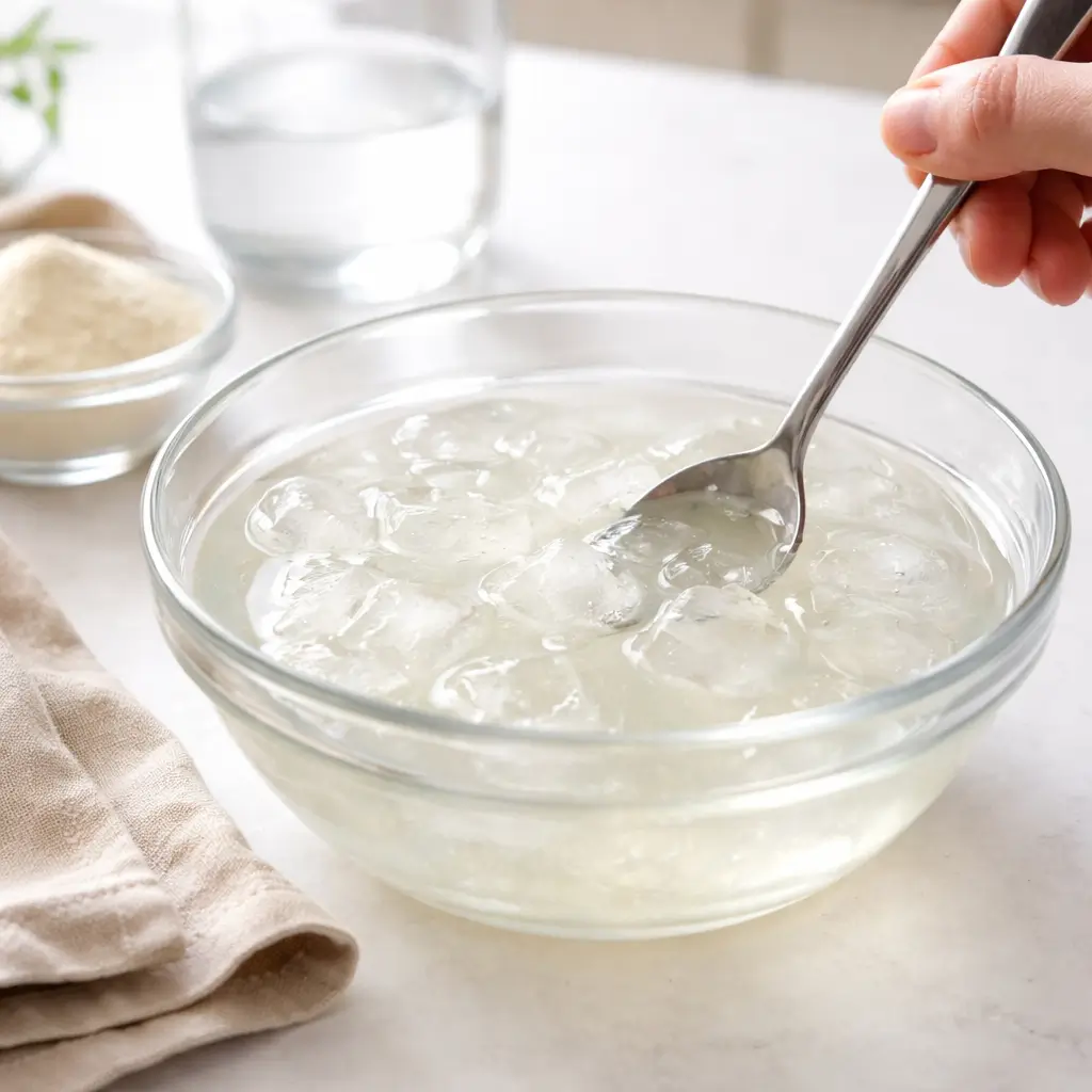 Ice and gelatin trick recipe being prepared in a glass bowl with ice