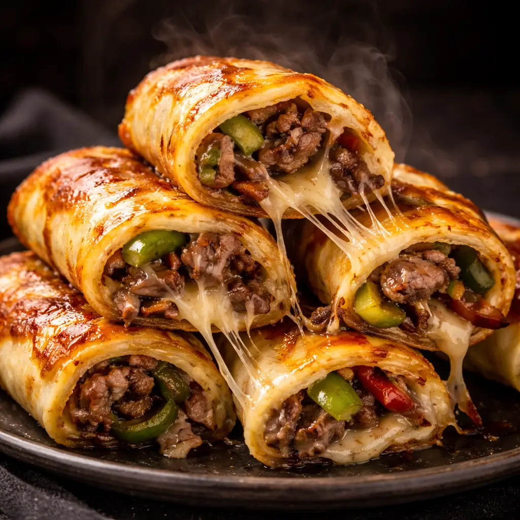 keto Philly cheesesteak roll ups with melted cheese and beef filling