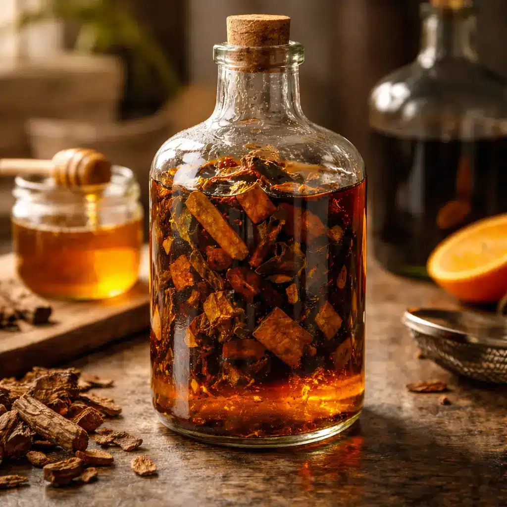 Mamajuana cocktail infusion process with bark and rum