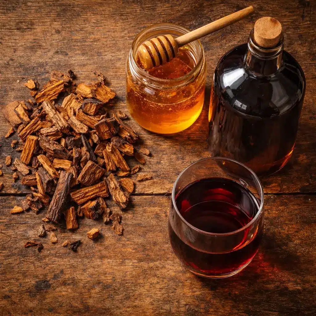 Mamajuana cocktail ingredients including bark, rum, wine, and honey