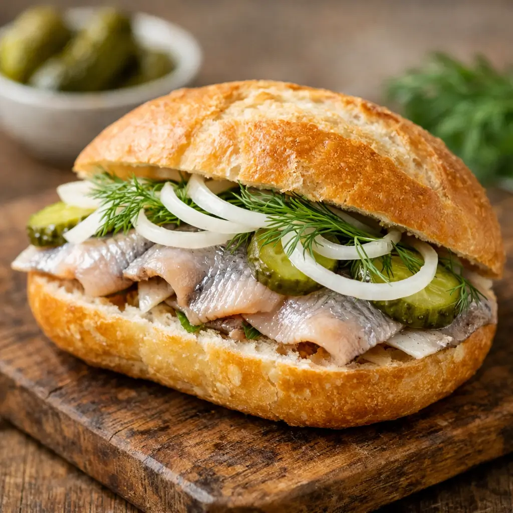 Matjesbrötchen recipe with matjes herring, onions, and pickles in a fresh bread roll