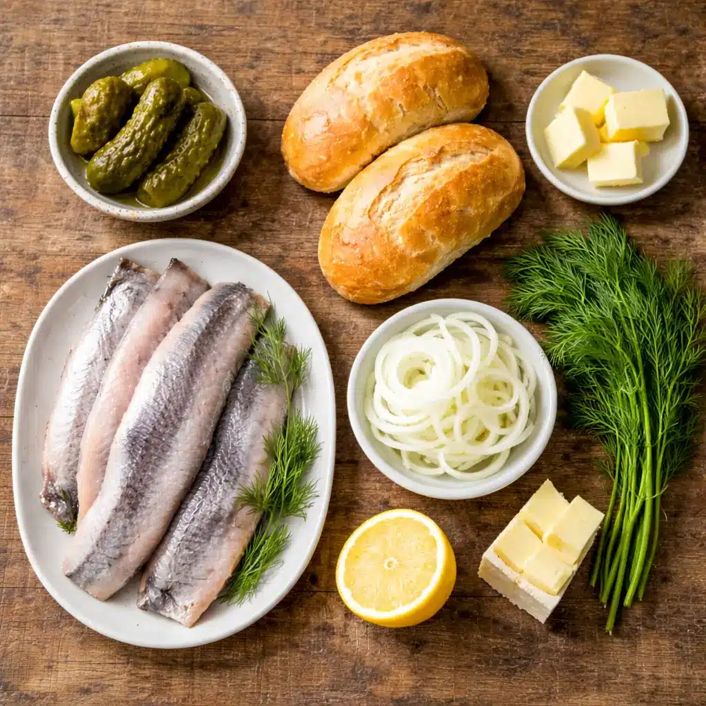 Ingredients for matjesbrötchen recipe including matjes herring, rolls, onions, and pickles