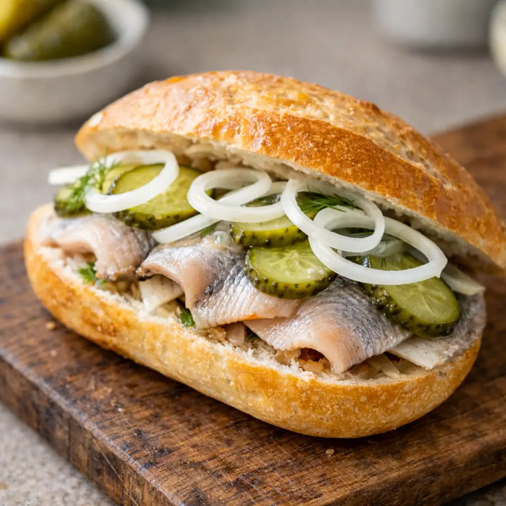 Assembling a matjesbrötchen sandwich with matjes herring and onions