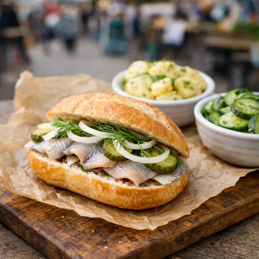 Traditional matjesbrötchen served fresh with simple sides