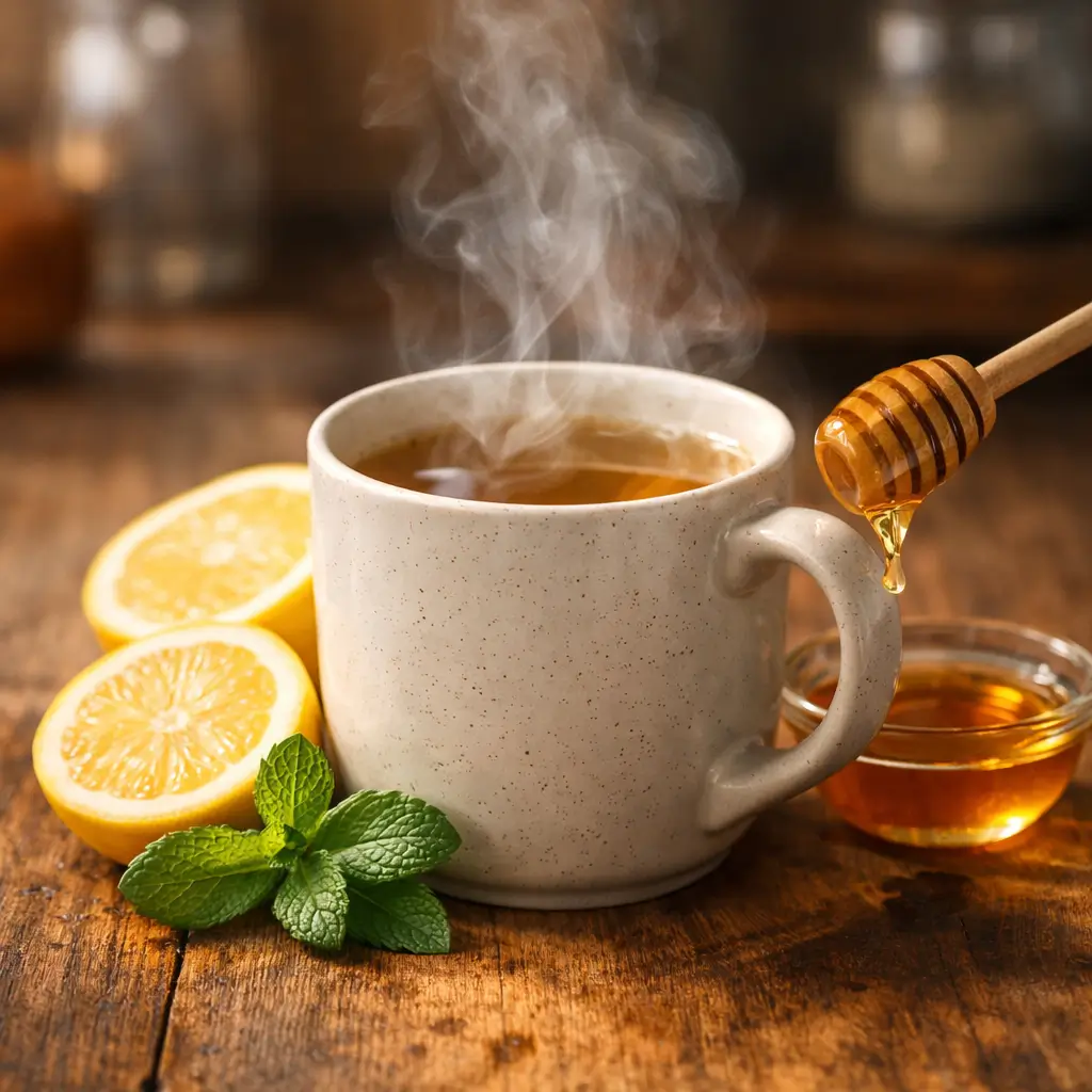 Medicine ball tea at home recipe with honey, lemon, and mint in a steaming mug