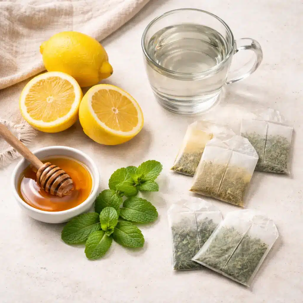Ingredients needed for medicine ball tea at home including tea, honey, lemon, and mint
