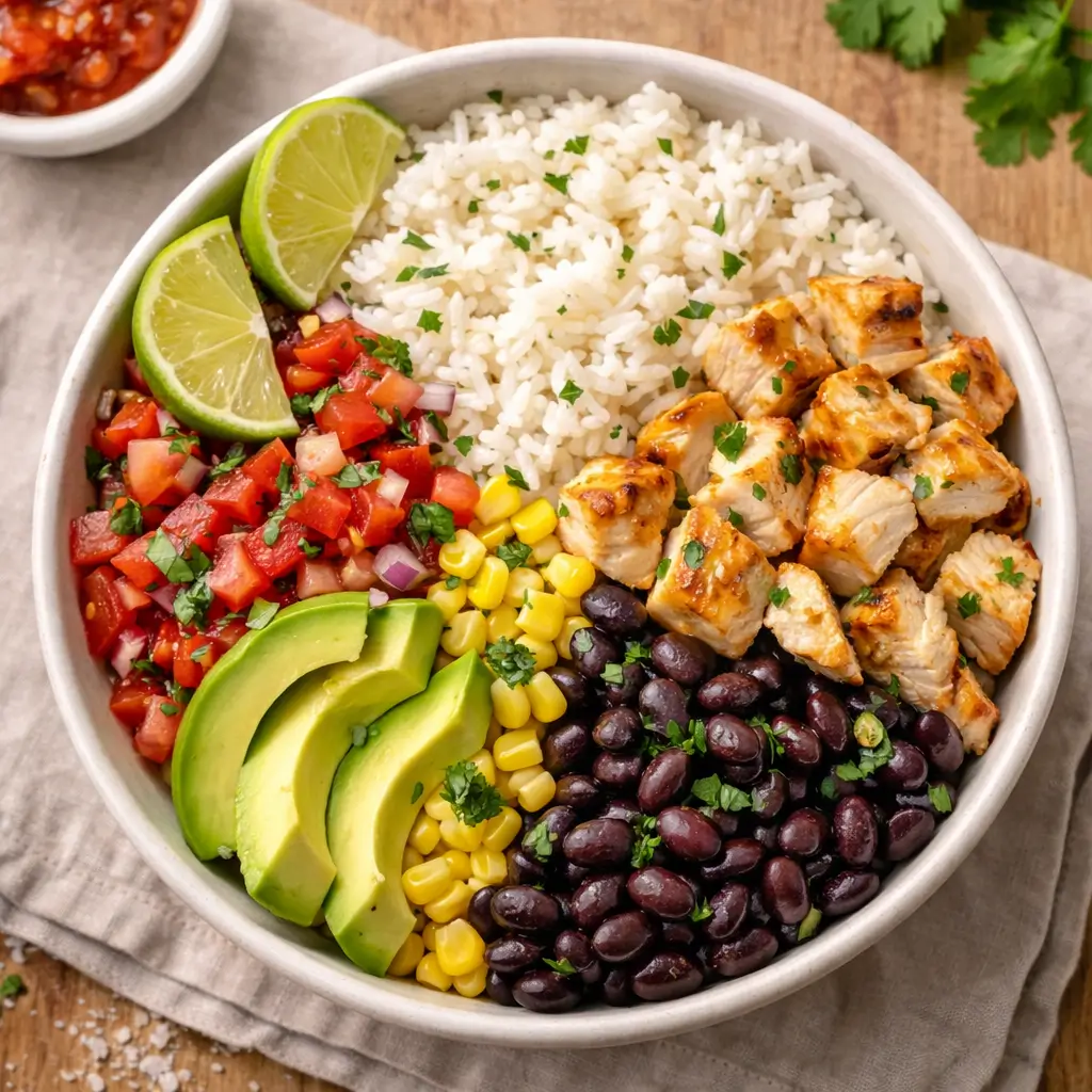 Burrito bowl made with Moe’s seasoned rice