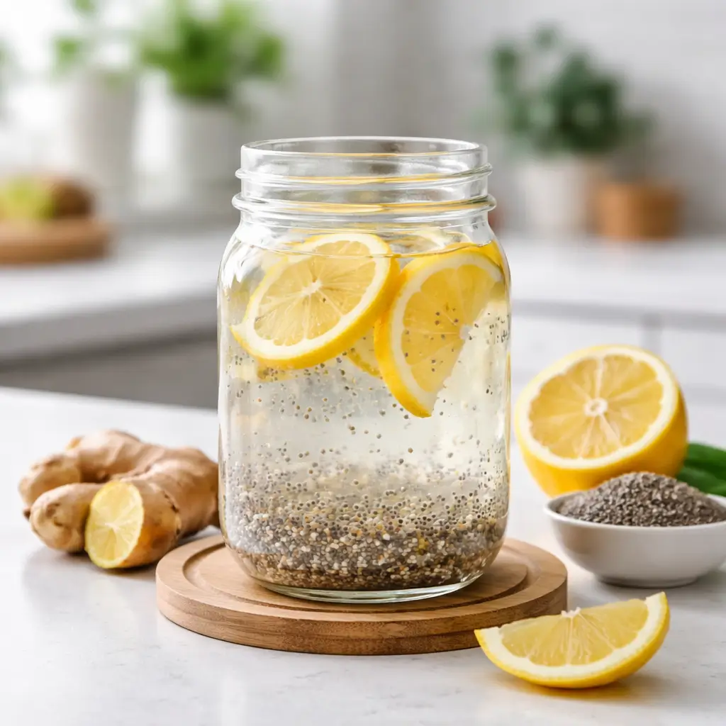 Natural Zepbound drink recipe made with lemon, chia seeds, and water in a glass jar