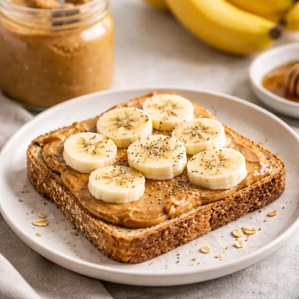 one trick pony peanut butter spread on toast with banana