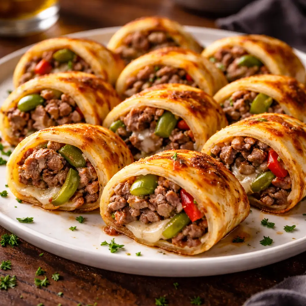 sliced keto Philly cheesesteak roll ups appetizer