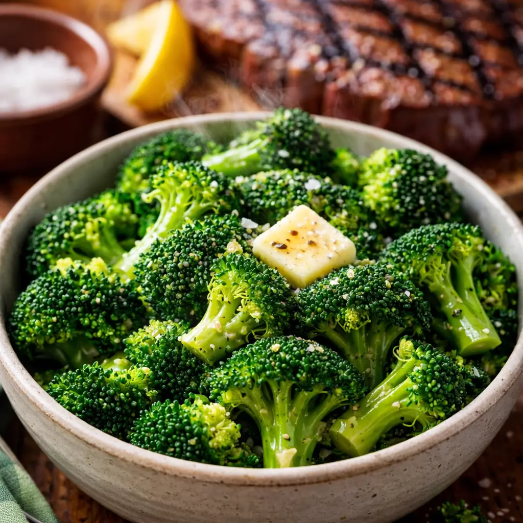 Texas Roadhouse broccoli recipe served with butter, seasoned steakhouse-style broccoli in a bowl