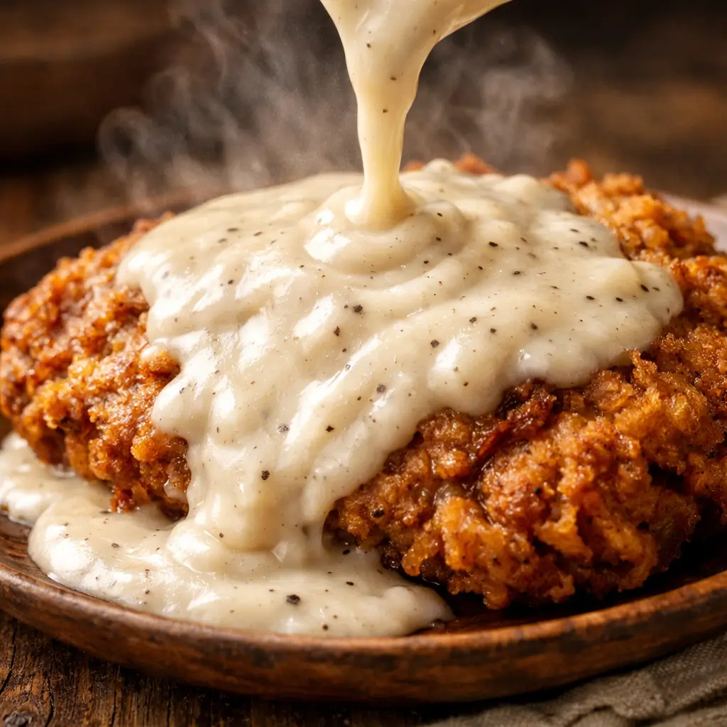Texas Roadhouse cream gravy poured over country fried steak