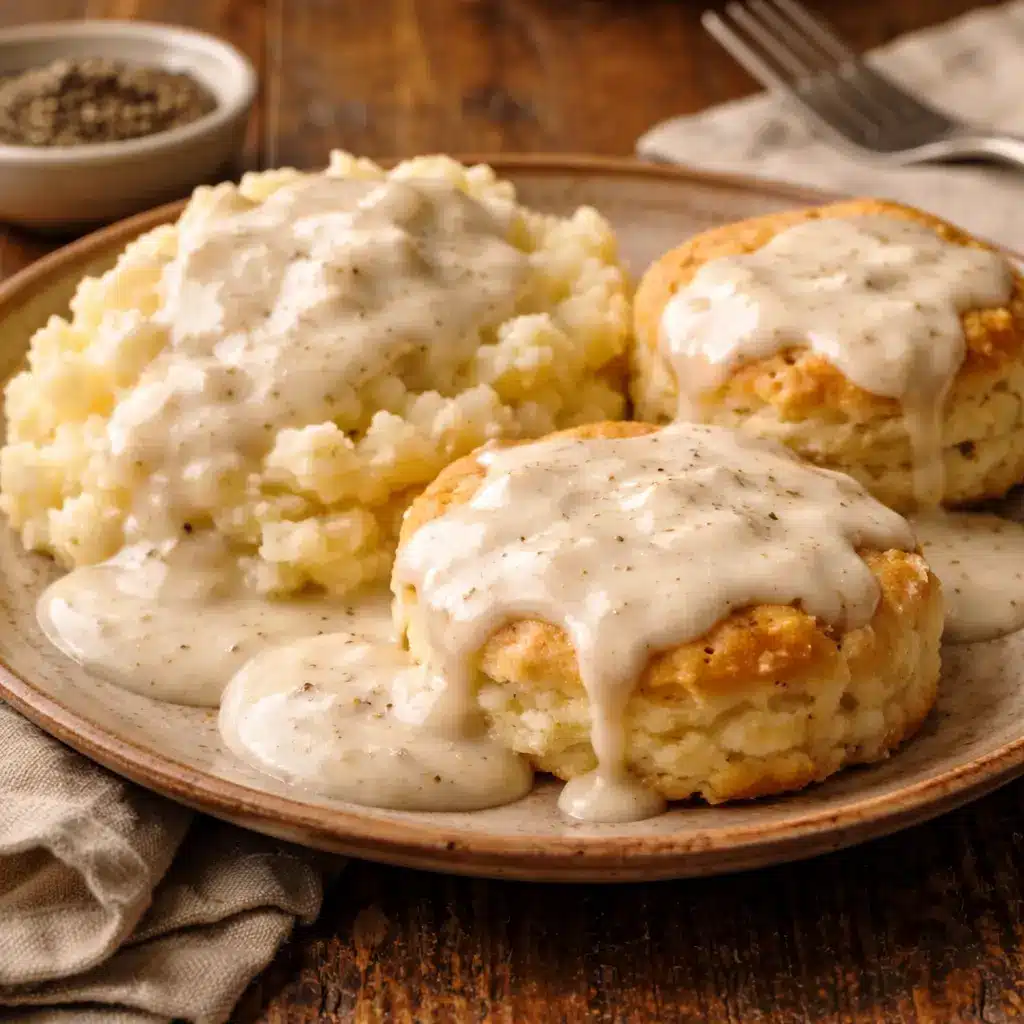 Texas Roadhouse cream gravy served with mashed potatoes and biscuits