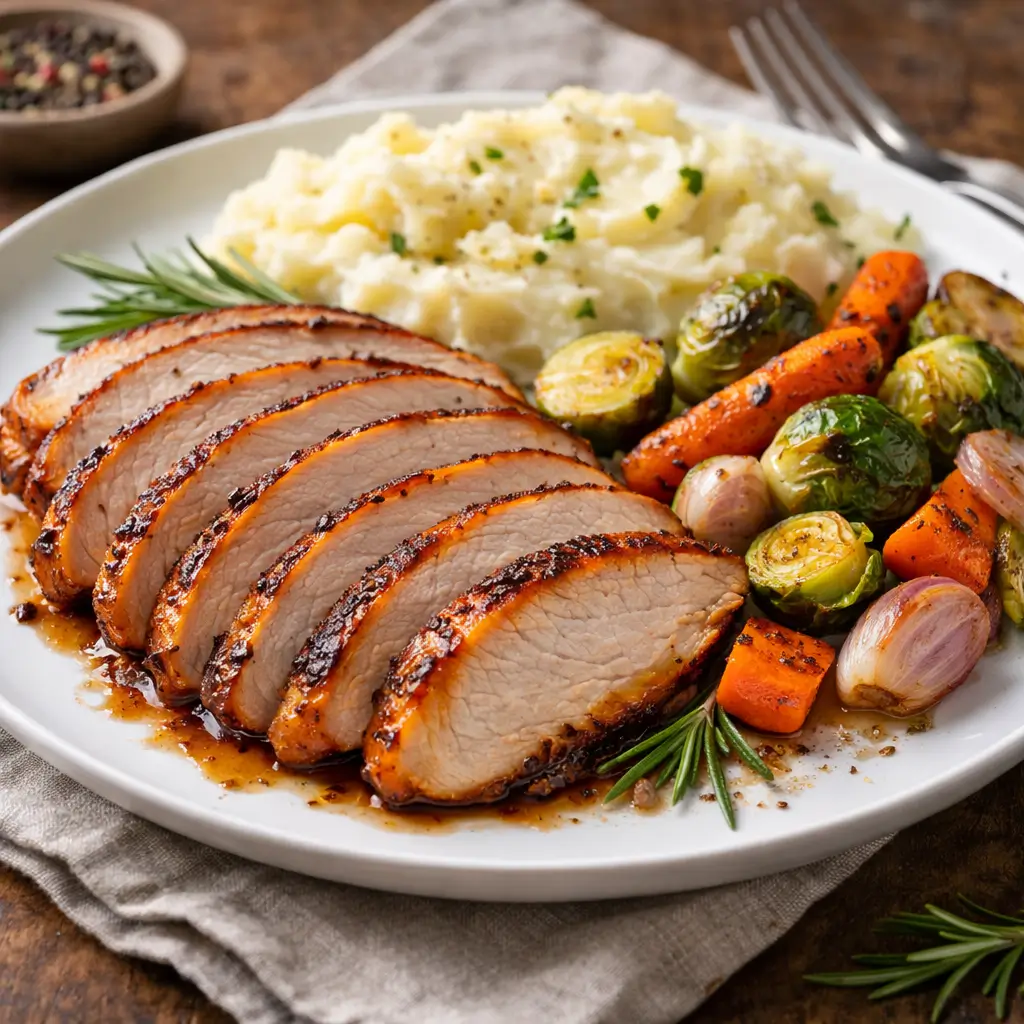 Turkey London broil served with roasted vegetables