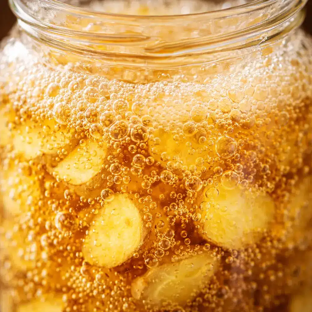 close up bubbles in active ginger bug recipe with honey