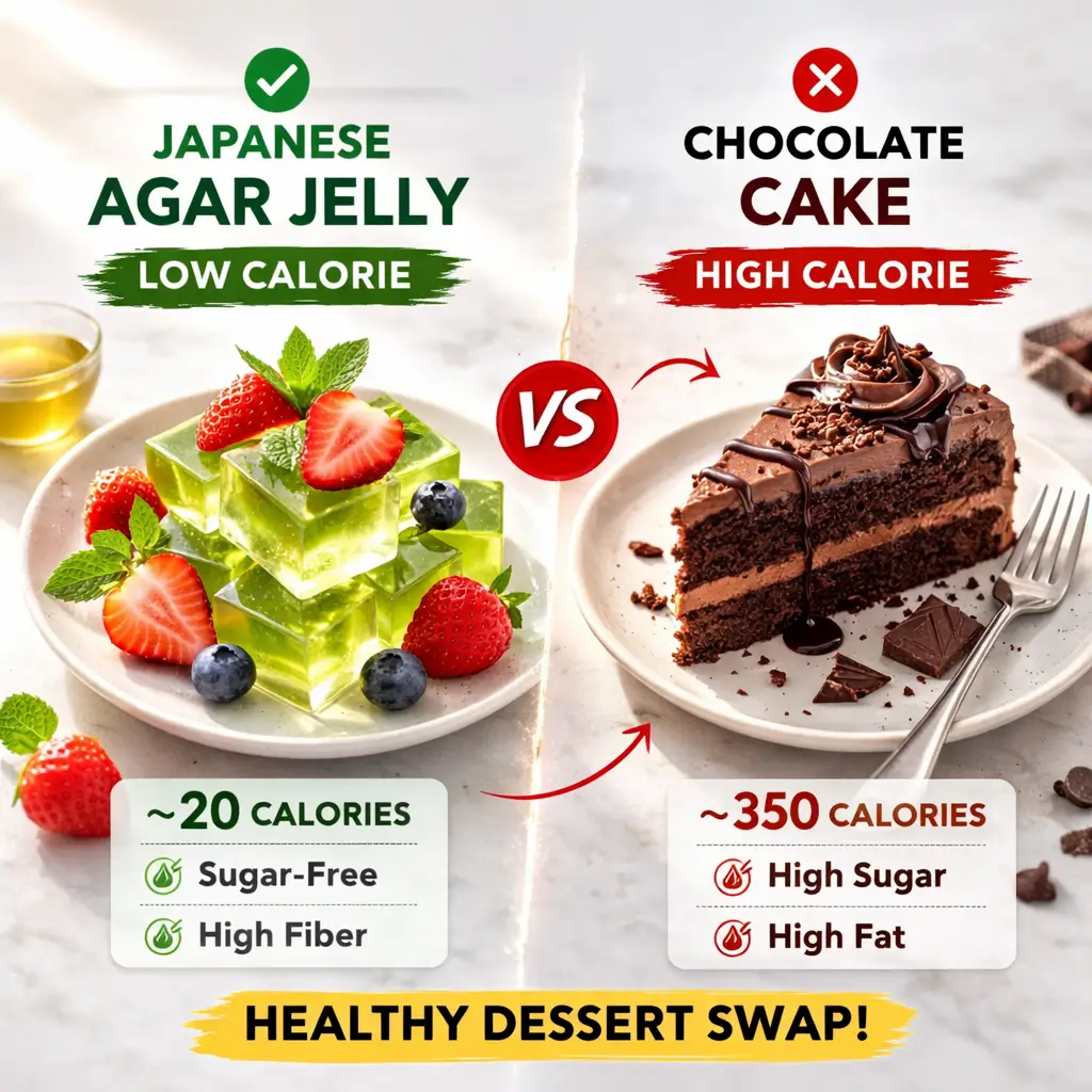 Low calorie Japanese jello compared to chocolate cake slice