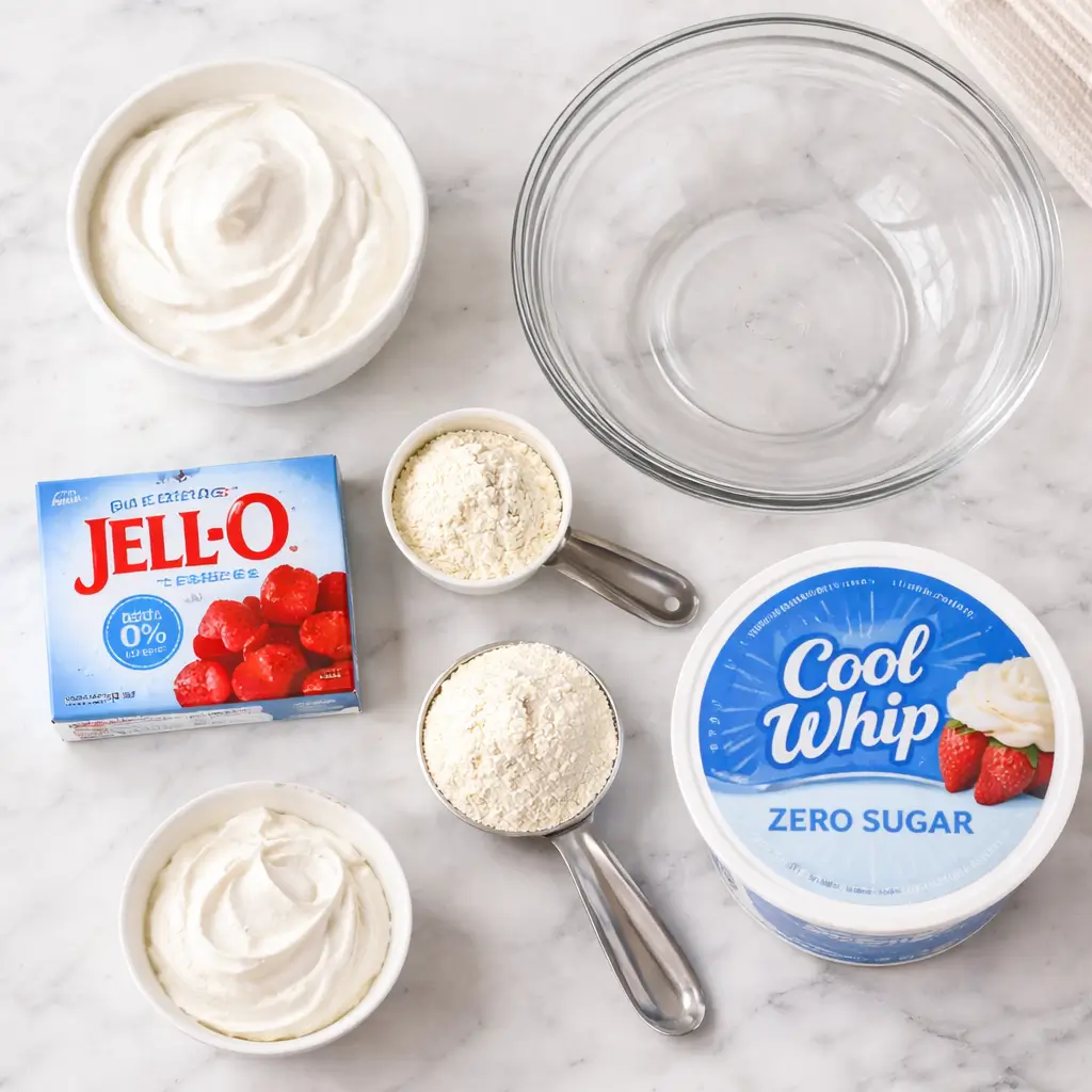 Ingredients for bariatric jello fluff recipe including Greek yogurt and sugar free gelatin