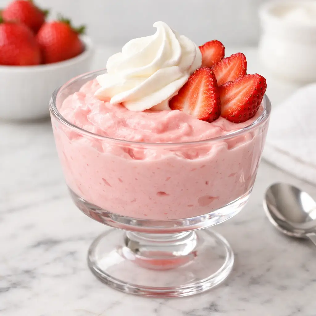 High protein bariatric jello fluff recipe in glass dessert cup with strawberries