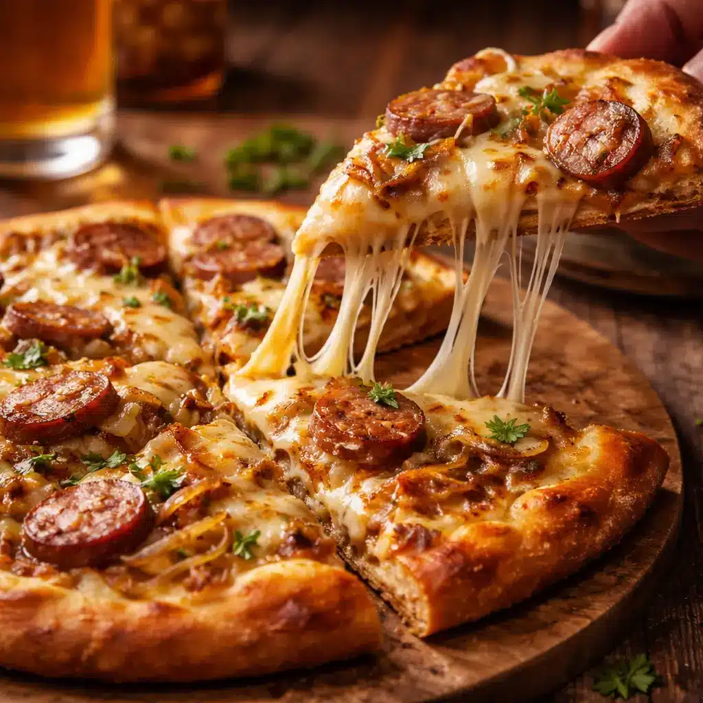 Bavarian pizza slice with bratwurst, sauerkraut, and melted Swiss cheese being lifted