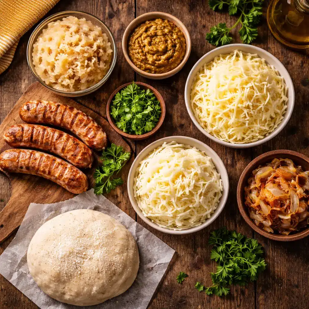 Ingredients for Bavarian pizza including bratwurst, sauerkraut, mustard, and Swiss cheese
