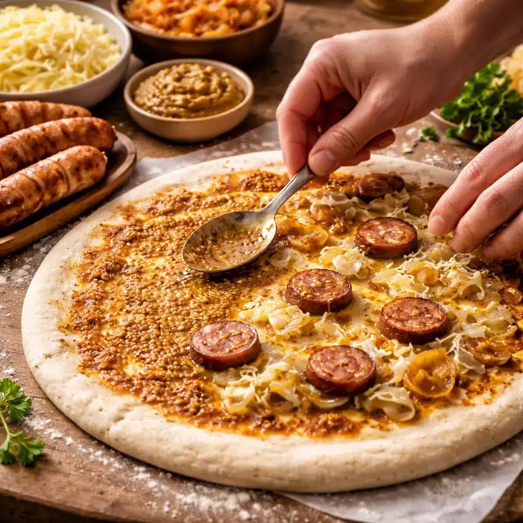Spreading mustard sauce on pizza dough before adding bratwurst and sauerkraut