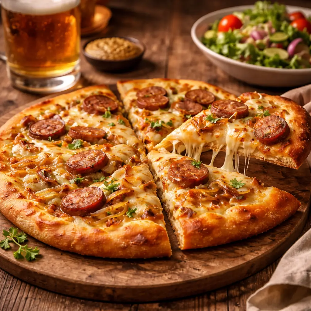 Bavarian pizza served with Oktoberfest beer and side salad