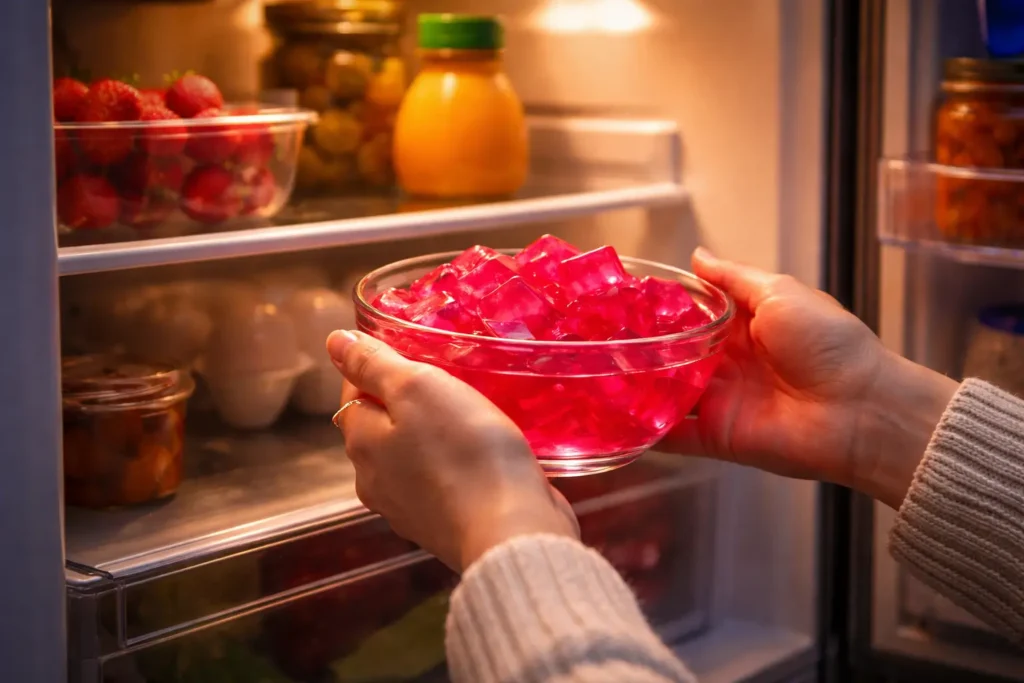 Placing pink gelatin snack in refrigerator at night