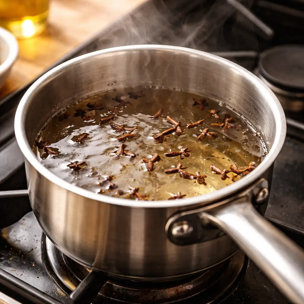 Boiling whole cloves in water for clove water recipe