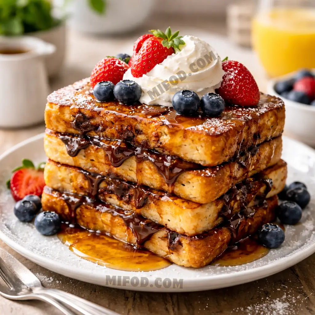 Chocolate chip French toast with whipped cream and berries