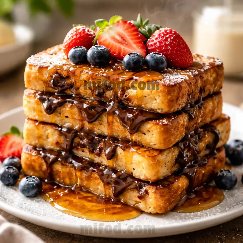 Chocolate chip French toast stacked with melted chocolate and maple syrup
